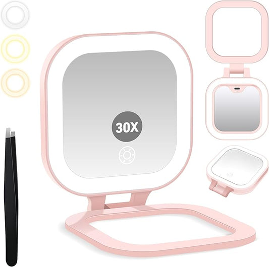 GOMIPURU Travel Mirror with Light, 1x/30x Magnifying Mirror with 3 Color Lights and Adjustable Brightness, 4.5x3.9 inch Small Compact Hangable Hand Pocket 3 Way Mirrors, Comes with Tweezer