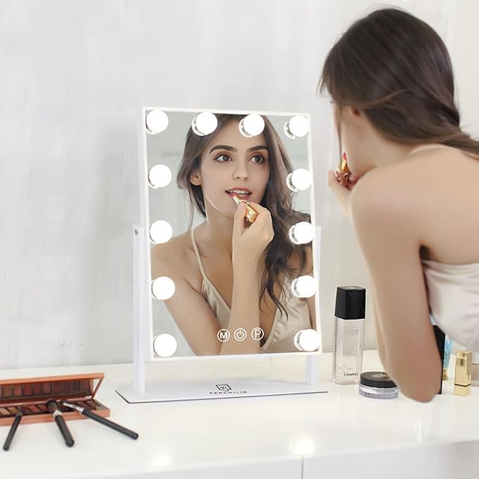 FENCHILIN Vanity Mirror with Lights, 19''x12'' Makeup Hollywood Mirror for Desk with 12 Bulbs Light Smart Touch Control 3 Colors Dimmable Light Detachable 10X Magnification 360°Rotation