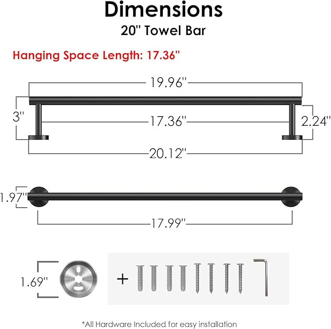 FORIOUS Towel Bar Wall Mounted, Stainless Steel Towel Racks for Bathroom 18 Inch, Includes Wall Mounting Hardware (Matte Black, Total Length 20 Inch)