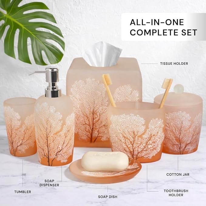 Decozen Bathroom Accessories 6Pcs Set, Soap Dispenser, Toothbrush Holders, Tumbler, Soap Dish & Cotton Swab Jar – Modern Bathroom Decor, Modern Farmhouse Decor, Countertop Accessories, Orange