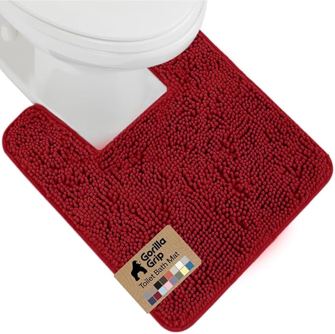 GORILLA GRIP Plush Absorbent Shaggy Chenille Bath Rug Mat for Square Toilet Base with Rubber Backing, Machine Washable Rugs, Soft Microfiber Contour Mats for Toilets, Bathroom Decor, Red