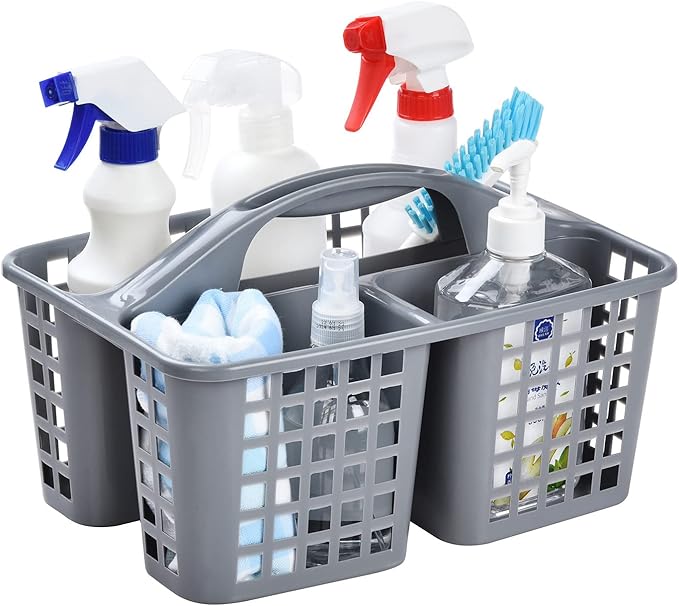 ALINK Plastic Shower Caddy Basket with Compartments, Portable Divided Cleaning Supply Storage Organizer with Handle for College Dorm Bathroom - Gray