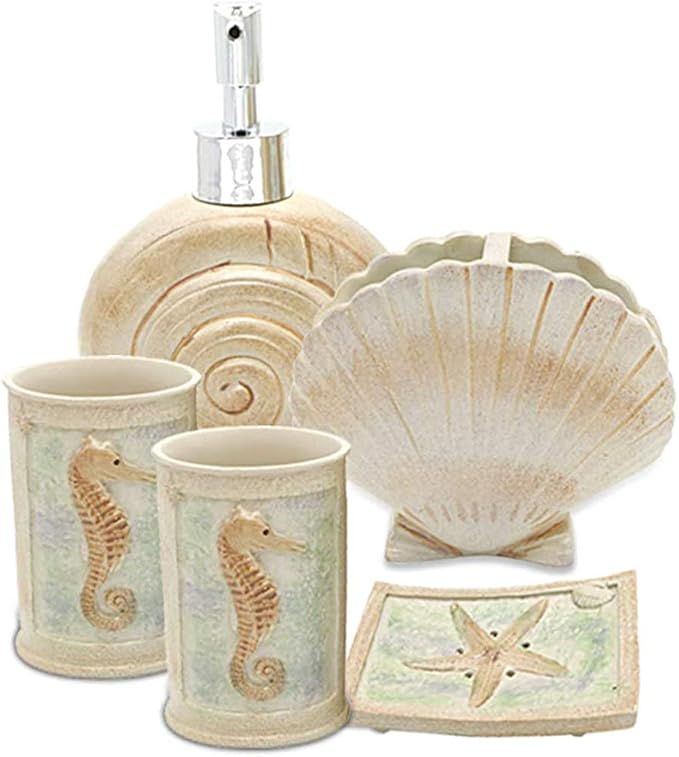 Set, 5 PCS Beach Seashells Ensemble Set Includs Soap Dispenser, Soap Dish, Tumbler, Toothbrush Holder - Ivory Polyresin Set for Home, Office, Superior Hotel