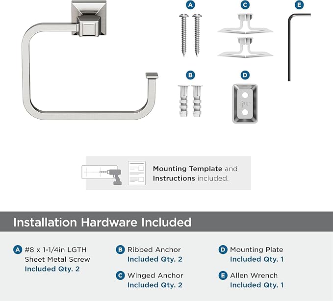 Amerock BH36022G10 | Brushed Nickel Towel Ring | 5-3/4 in (146 mm) Length Towel Holder | Mulholland | Hand Towel Holder for Bathroom Wall | Small Kitchen | Bath Accessories