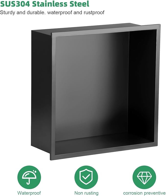 SaniteModar Shower Niche, Stainless Steel Shower Niche No Tile Needed, Recessed for Bathroom Storage (Matte Black, 12x12)