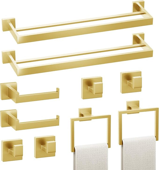 10-Pieces Bathroom Hardware Set,23.6inch Wall Mounted Double Towel Bar Set，Towel Rack&Toilet Paper Holder&Towel Ring and Towel Hook;Bathroom Accessories Set(Gold)
