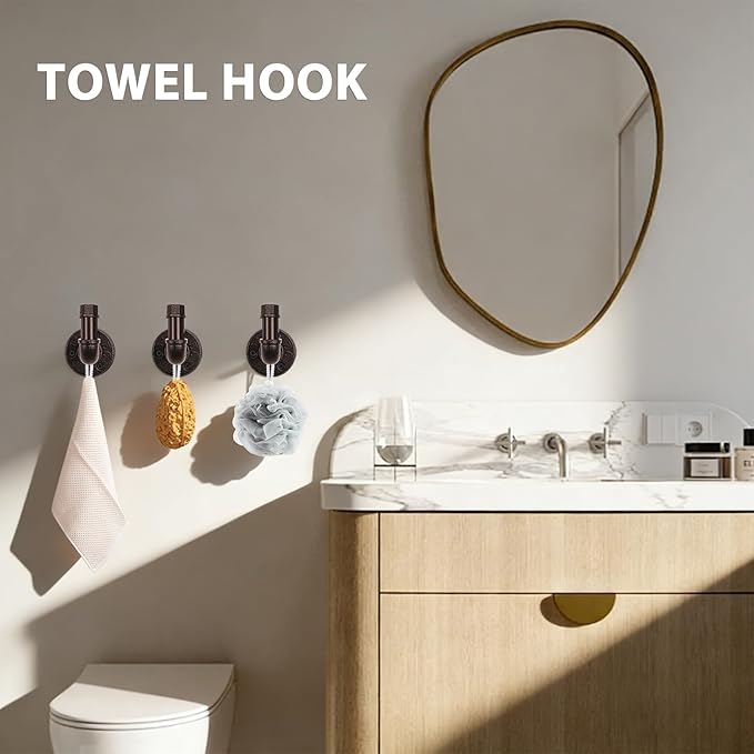 NearMoon 5-Pieces Industrial Pipe Bathroom Hardware Set, Include 18 Inch Towel Bar, Toilet Paper Holder and 3 Robe Hooks, Heavy Duty DIY Style Wall Mounted Rustic Decor Accessories Kit (Bronze)