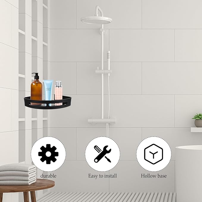 Hemobllo Nail-Free Wall-Mounted Triangle Storage Rack with Hooks, Space Aluminum Bathroom Shelf, Black Matte Finish, Suitable for Kitchen and Household Organization