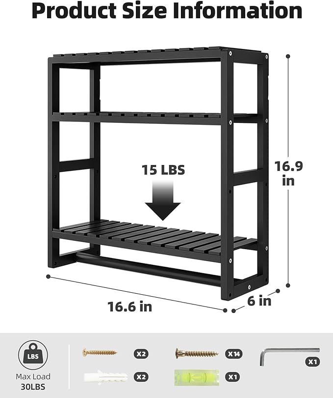 Galood Bathroom Shelves Towel Racks Over Toilet Storage with Towel Bar 3 Tier Floating Wall Mounted Space Saving Bamboo Paper Holder for Bathroom Laundry Room Kitchen Organizers (Black)