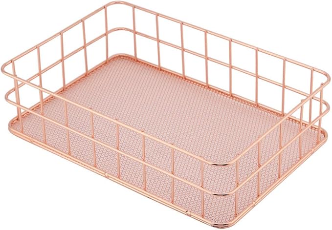 Fdit Makeup Storage Basket Organizer Rose Gold Iron Storage Holder Desktop Decor Household Woman Girl Lady(D)