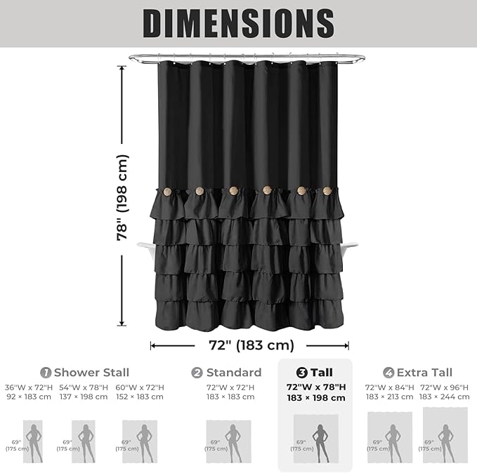 Seasonwood Black Ruffle Shower Curtain Farmhouse Style Black Fabric Shower Curtain Nature Button Chic Ruffles and French Country Style 72×78