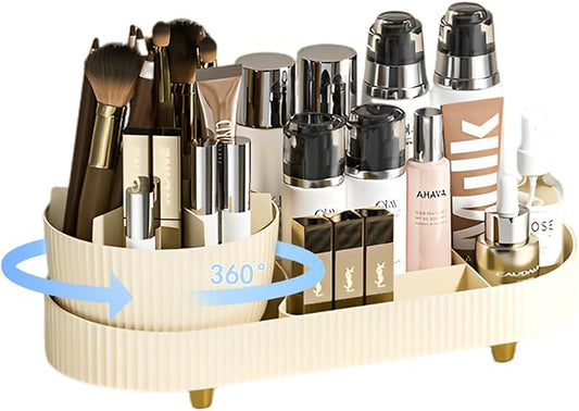 Rotating Makeup Organizer for Vanity with Brush Holder, Cosmetic Makeup Storage,Lotions Display Cases,Large Spinning Makeup Skincare Organizer, Countertop Makeup Perfume Organizer(15x6.3'')