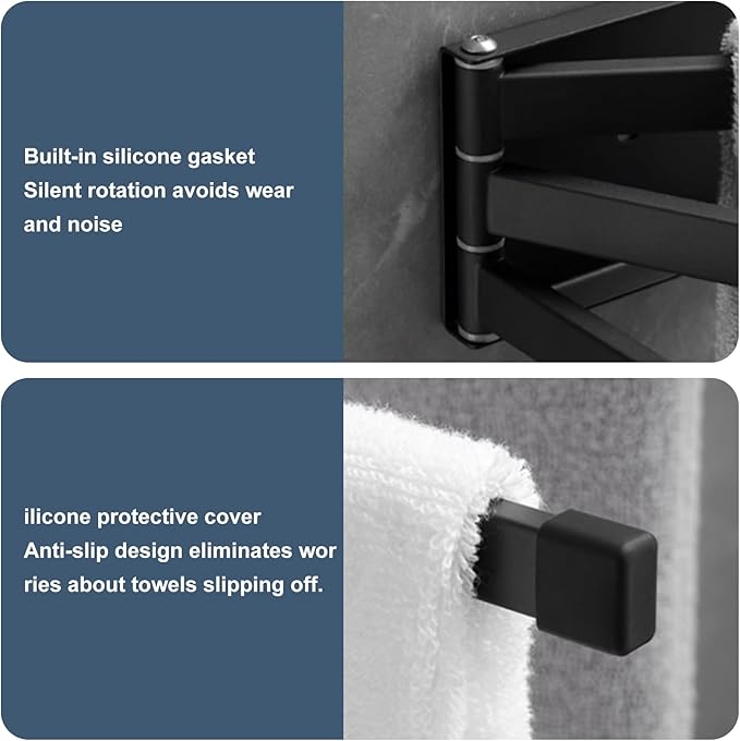 Swivel Towel Rack Wall Mounted, 9.5" Extra Long 3-Arm Swing Out Towel Holder, Matte Black Stainless Steel Space Saving Towel Bar for Bathroom, Kitchen, RV