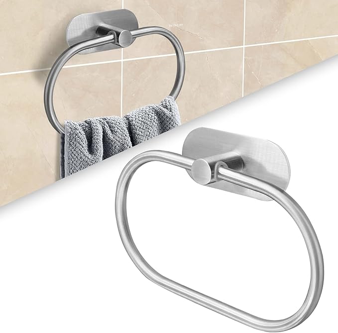 Litoexpe Self Adhesive Towel Ring Brushed Nickel, Oval Shaped Modern Hand Towel Holder, Stainless Steel Adhesive Hand Towel Hanger for Bathroom & Kithen Wall Mount (No Drilling)