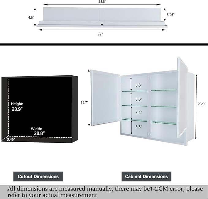 32 x 26 Inches Bathroom Medicine Cabinet with Mirror, Double Door Wall Mounted Mirror Cabinet, Surface or Recessed Mount White Bathroom Storage Cabinet