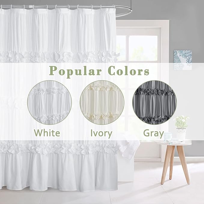 Victorian Ruffle Shower Curtain, Ruched Microfiber Vintage Handcrafted Bow Tie Bath Curtain for Master Bathroom, with 12 Buttonholes, 72" W x 72" H, White (LQ-10)