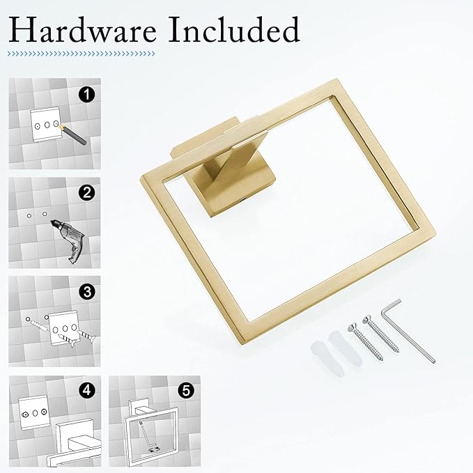 TNOMS Gold Towel Ring Modern Square Hand Towel Bar,Towel Holder for Bathroom,Wall Mount Stainless Steel