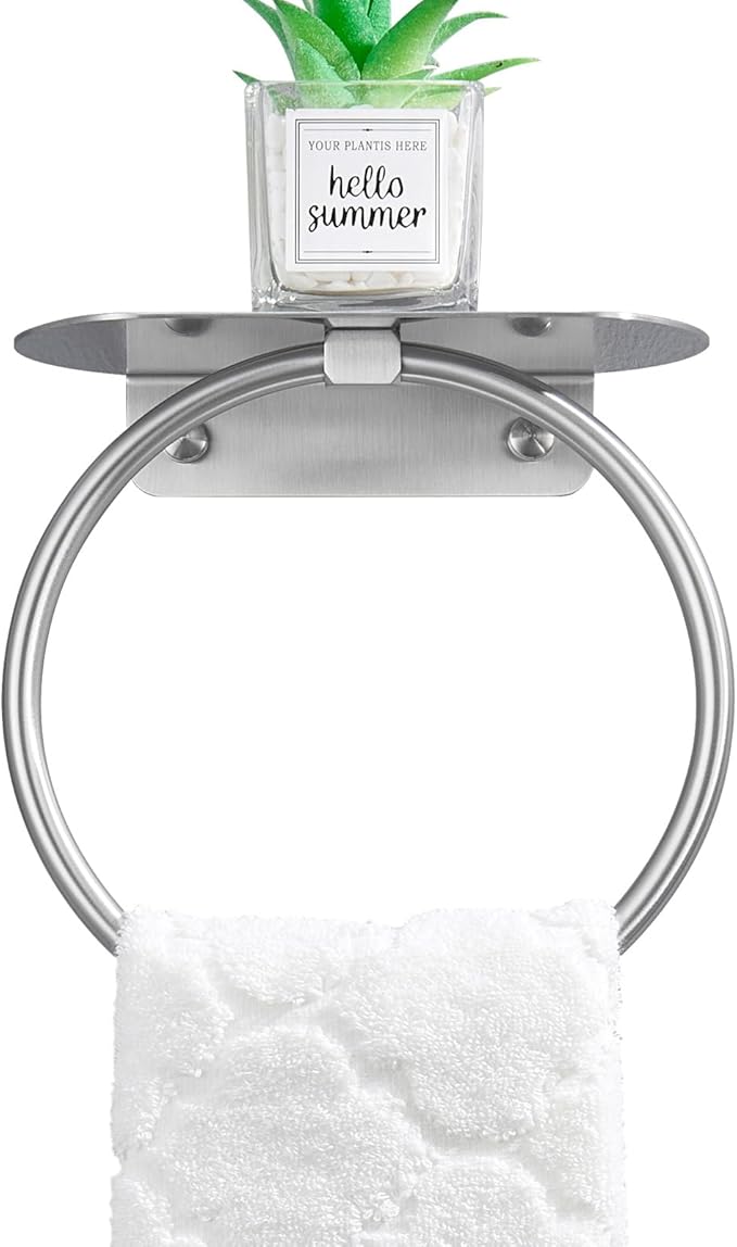 APLusee Towel Ring with Shelf Brushed Nickel, 304 Stainless Steel Rustproof Wall Mounted Holder, Space-Saving Storage for Hand Towels & Bathroom Essentials