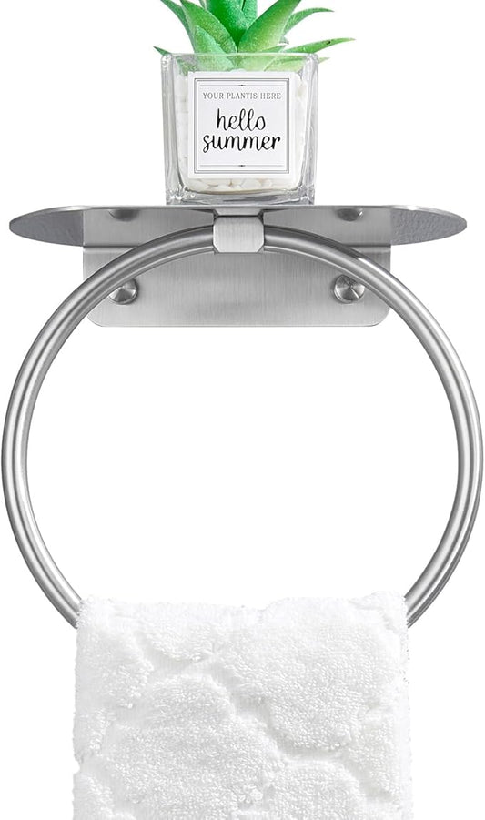 APLusee Towel Ring with Shelf Brushed Nickel, 304 Stainless Steel Rustproof Wall Mounted Holder, Space-Saving Storage for Hand Towels & Bathroom Essentials