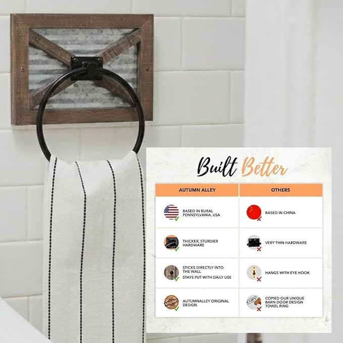 Autumn Alley Rustic Towel Holder for Bathroom, Farmhouse Hand Towel Holder, Rustic Towel Rack Holder, Wall Mounted, Western Bathroom Decor, Wood Country Decor, Galvanized Metal, Black Ring