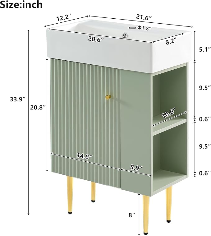 Virubi 21.6 in Small Bathroom Vanity with Sink,Doors and Storage Shelves,Wood Modern Single Fluted Bathroom Sink Cabinet Freestanding (Green,Right Shelf)