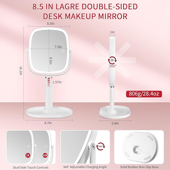 Lighted Makeup Mirror with Lights and Magnification,1x/10x Magnifying Mirror with Light Rechargeable,Height Adjustable Vanity Mirror with 3 Color Lights Double Sided 360° Rotation,Gifts for Women