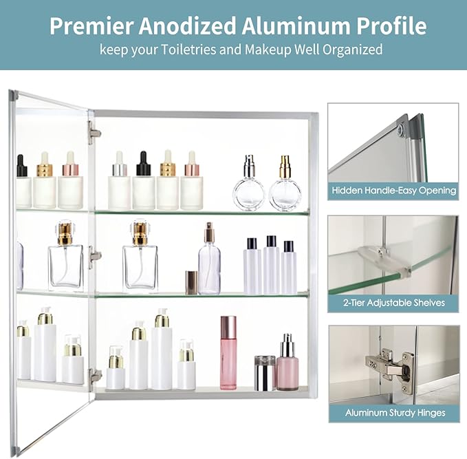 Movo 30 Inch x 24 Inch Bathroom Medicine Cabinet with Mirror, Aluminum Mirror Cabinet with Single Door, Surface Wall Mount or Recess Installation