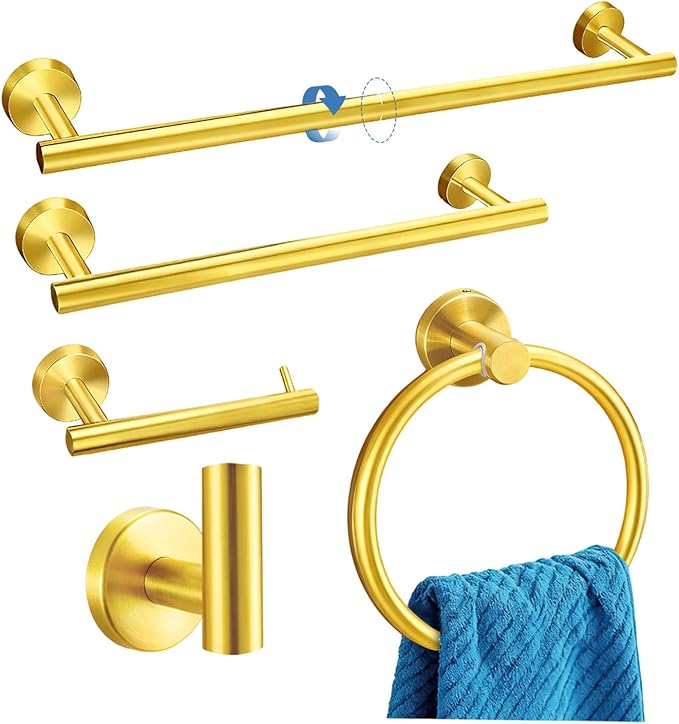 Upgraded & Thickened 5-Piece Brushed Gold Bathroom Hardware Set, 5-in-1 Towel Rack Kit, 23.6 Inch SUS304 Stainless Steel Towel Bar & Toilet Paper Holder, Modern Gold Bathroom Accessories (5 Pack)