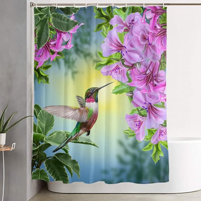 LOKMU 4 Pcs Shower Curtain Sets with Non-Slip Rugs, Toilet Lid Cover and Bath Mat,Hummingbirds and Flowers Waterproof Shower Curtain with 12 Hooks, Bathroom Decor Sets, 72" x 72"