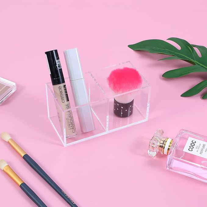 Acrylic Makeup Brush Organizers, 2 Section 2-Compartment Transparent Plastic Lipstick Holder Clear 4.72x2.36x2.36 Inches Storage Square Cube for Bathroom Jewelry Accessories