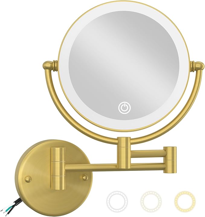 Make up Mirror Wall Mounted Lighted 10X Magnifying, 8" Double Sides 3 Color Lighting Touch Dimming, 360 Swivel Extended Arm Shaving Light up Mirror Hard Wired for Bathroom, Brushed Gold