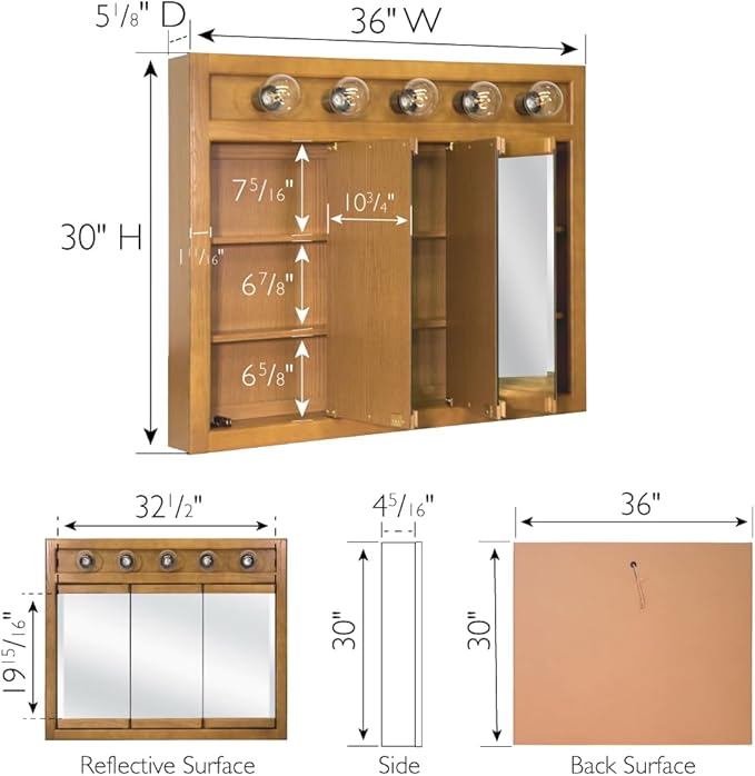 Design House Richland Medicine Cabinet with 5 Lights, Fully Assembled, Wall Mounted, 3 Mirrored Doors, Wood Frame, Oak Finish, 36 in x 5 in x 30 in, 530618-NOK