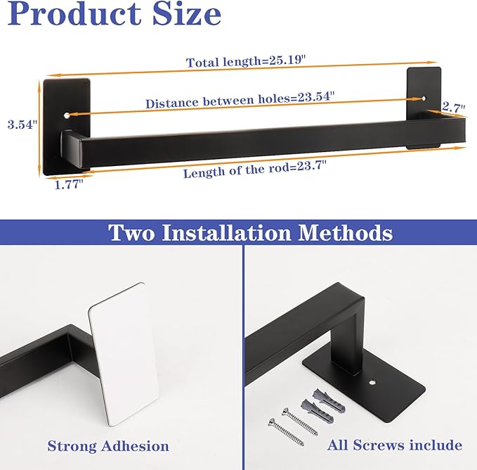 Bathroom Towel Bar Self Adhesive, No Drilling Towel Rack Easy to Install, Hand Towel Holder Made of Premium Stainless Steel Sticky on Hand Towel Hanger for Kitchen, Toilet.(24IN, Black)