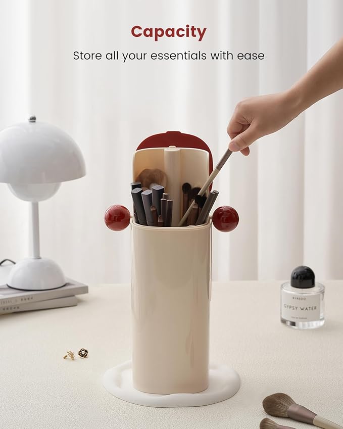 Karmiir Automatic Makeup Brush Organizer with Dustproof Cover & 4 Compartments Automatic Lifting Makeup Brush Holder Long and Short Separation Storage