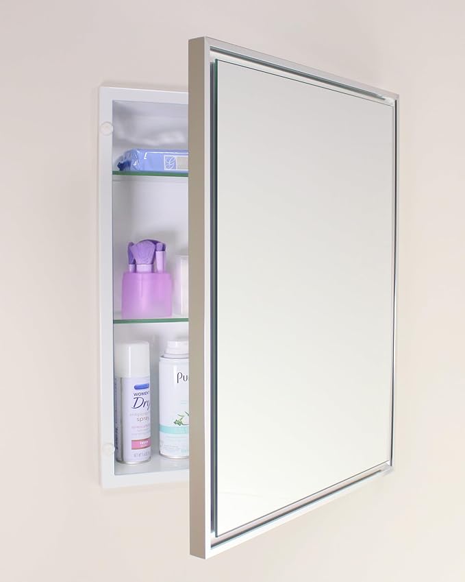 Fox Hollow Furnishings 16x20 Parker Metro Metal Framed Rectangle Recessed Bathroom Medicine Cabinet, Floating Mirror, 14x18 in-Wall Opening, Steel, Adjustable Glass Shelves, Magnet Close, Chrome