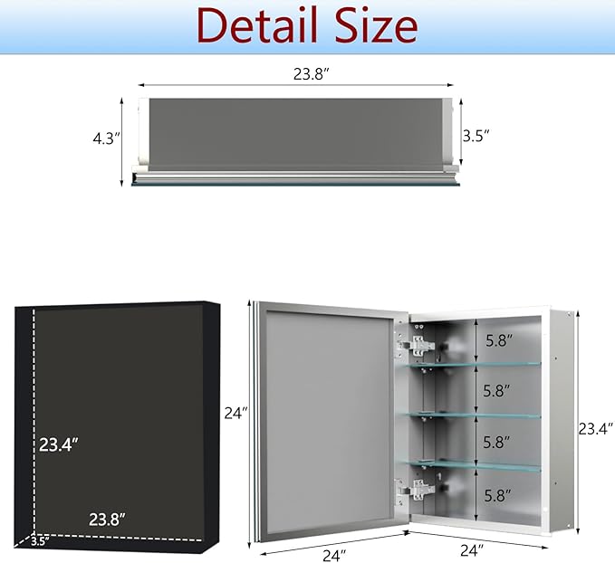 24"x24" Aluminum Medicine Cabinet, Bathroom Cabinet with Mirror,Firm and Durable, Waterproof and Rust-Proof, Recessed or Surface Mount,Assembly Required