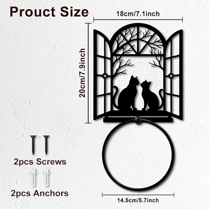 MAYJOYDIY Cat Shape Metal Towel Ring Round Window Cat Hand Towel Holder Ring Hanger Black Vintage Towels Wall Organizer for Kitchen Bath Home Laundry Room Decors Gifts