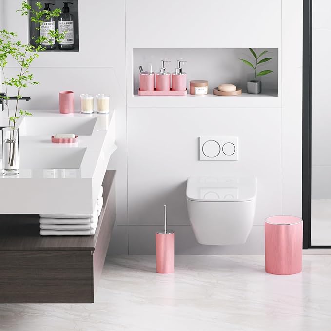Light Pink Bathroom Accessories Set, 10PC Bathroom Set, Bath Accessory with Pop Up Trash Can, Soap Dispenser, Toilet Brush, Toothbrush Set Qtip Holders & Tray