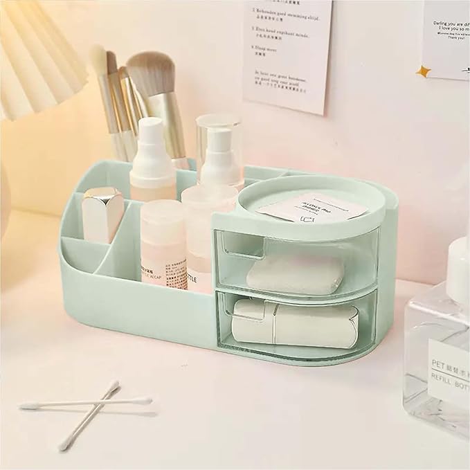 Makeup Organizer Stand Desk Storage Dressing Table Organiser Cosmetic Organizer Box Skin Care Table Bathroom Organiser Makeup Storage Box Makeup Vanity with Transparent Drawer(Green)