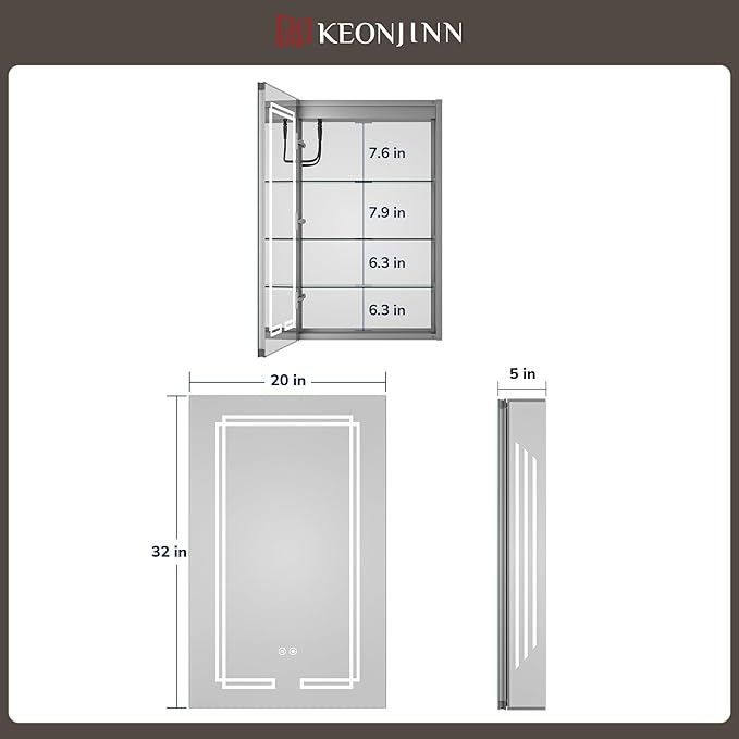 Keonjinn 20 x 32 Inch LED Medicine Cabinet Mirror, Bathroom Medicine Cabinet with Lights, Tempered Glass, UL-Listed, Adjustable Shelves, No Outlets, 3 Color Lights, Dimmable, Wall Mount Only