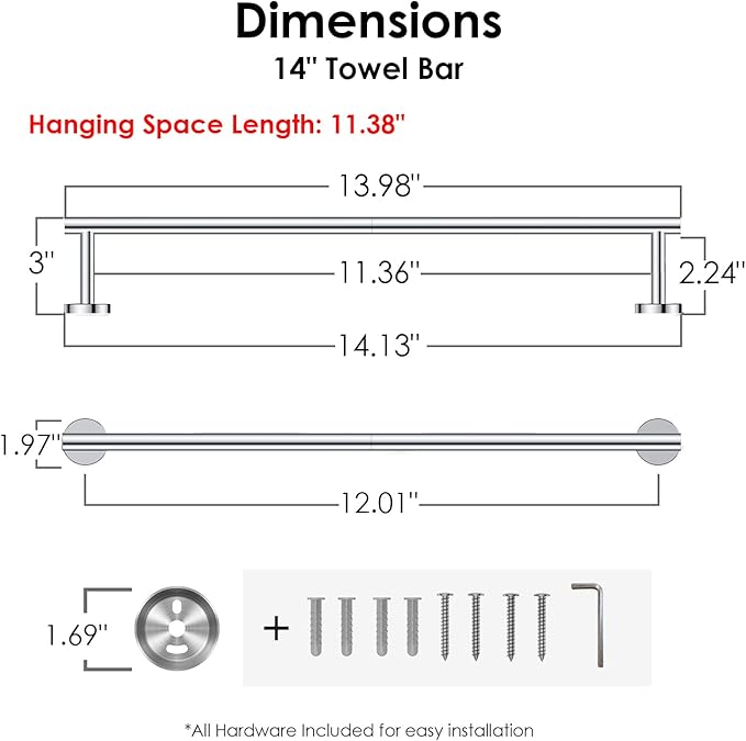 FORIOUS Towel Bar Wall Mounted, Stainless Steel Towel Racks for Bathroom, Includes Wall Mounting Hardware (Chrome, 14 Inch)