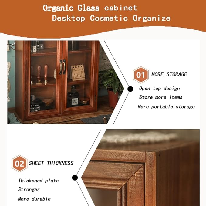 Vintage Countertop Cabinet14.5"x5.2"x18"Medicine Cabinet,Display Case with Organic Glass Door,Kitchen Cabinets with Drawers,Spice Cabinet,Apothecary Cabinet,Organization and Storage (Brown)