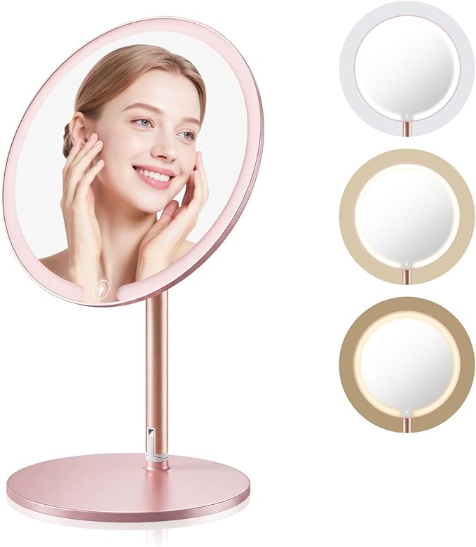 SJZX Cute Pink Lighted Makeup Mirror, Rechargeable Vanity Mirror with 70 LEDs & 1400 Lux, 3 Color Lighting, Dimmable Touch Screen, Portable Detachable Stand for Desk & Tabletop, Women Gift
