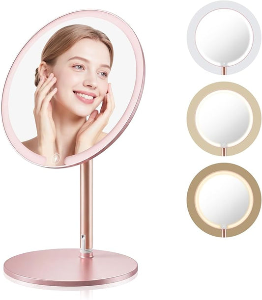 SJZX Cute Pink Lighted Makeup Mirror, Rechargeable Vanity Mirror with 70 LEDs & 1400 Lux, 3 Color Lighting, Dimmable Touch Screen, Portable Detachable Stand for Desk & Tabletop, Women Gift
