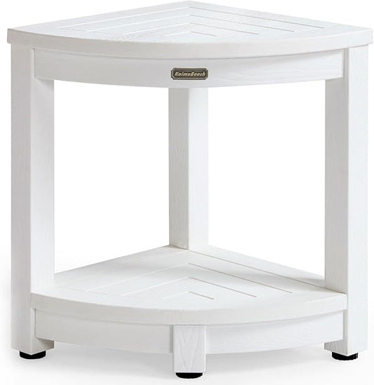 KaimuBench Corner Shower Stool for Inside Shower Waterproof, Poly Lumber Bathroom Shower Corner Bench Seat, Plastic Shower Chair Seat, Shower Shaving Foot Rest with Adjustable Feet, Non-Slip, White