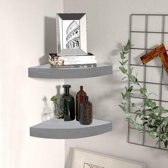 Corner Floating Shelves Set of 2 Concrete Gray 9.8"x9.8"x1.5" Wall Mounted Storage Shelves for Bathroom, Living Room, Bedroom - Invisible Mounting, Honeycomb MDF & Metal