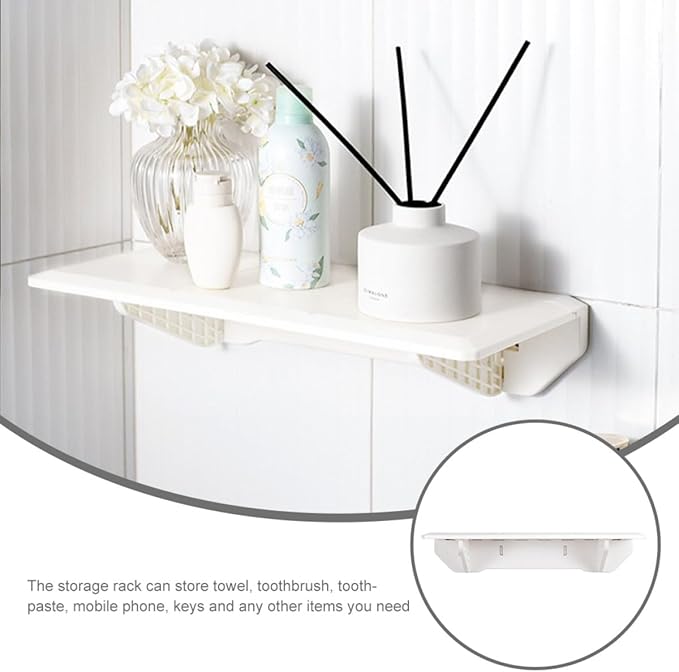Toyvian Wall Mounted Foldable Storage Shelf White Plastic Board Floating Kitchen Spice Holder and Bathroom Sundries Organizer Rack for Home Use