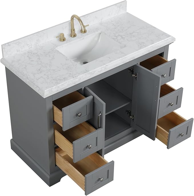 Mareo 48" Solid Wood Single Sink Bathroom Vanity | Marble Countertop & Backsplash | Soft Closing Doors & Drawers | Nickel Brushed Handles | Grey Cabinet & Undermount Ceramic Sink Top | Pre-Assembled