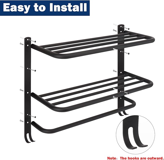 NearMoon Bathroom Towel Rack, 3-Tier Towel Holder with Hooks, SUS304 Stainless Steel Towel Hanger, Wall Mounted Towel Shelf Storage, Bathroom Accessories (22 Inch, Matte Black)