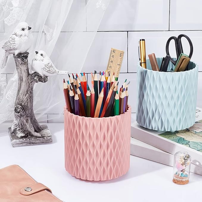CRASPIRE 2 Colors Makeup Brush Holder Organizer 360 Rotating Multi Functional Pen Holder Small for Desk Purpose Stationary Storage Lipsticks Comb Beauty Tool in Vanity Forks Spoons Container Pink Bule